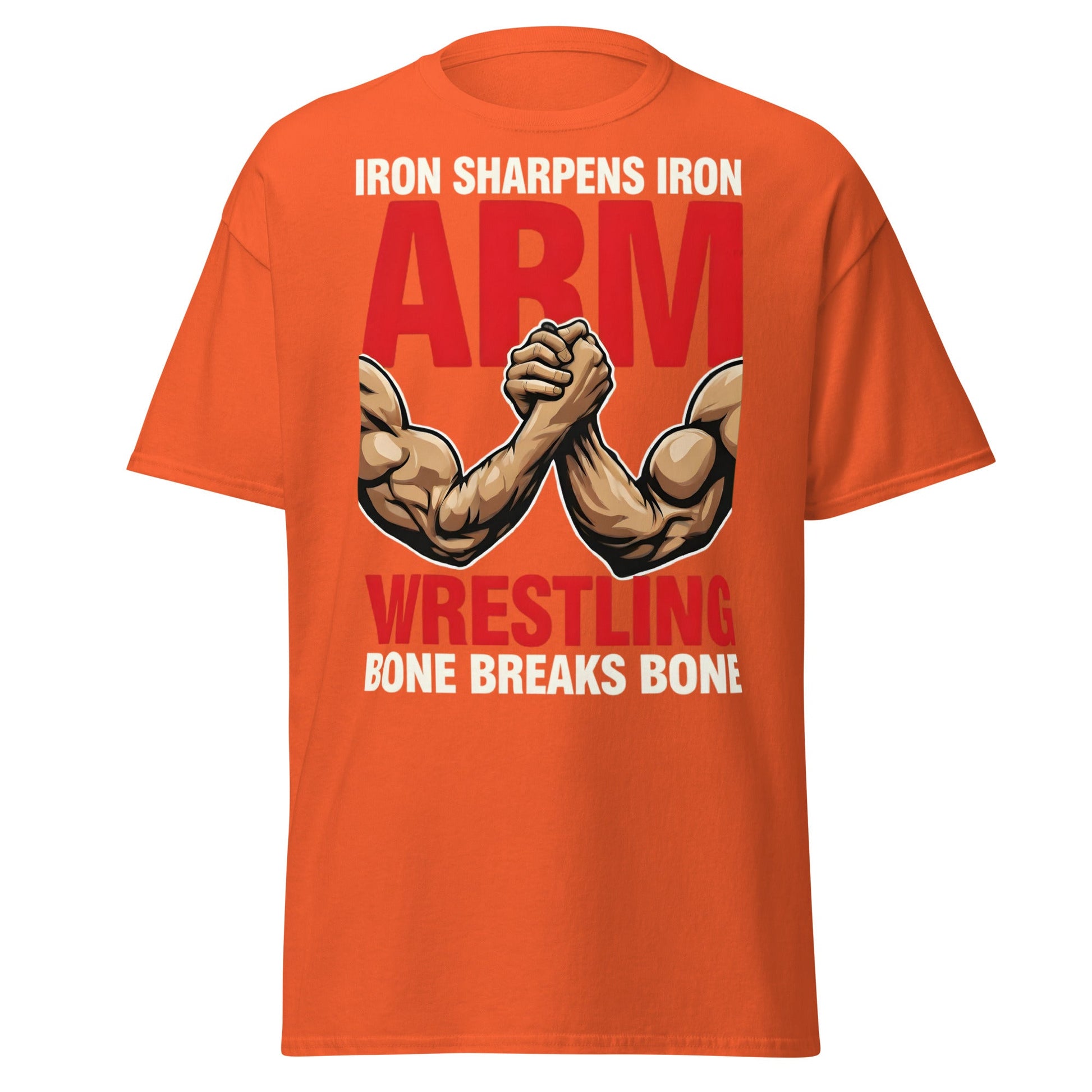 Iron Sharpens Iron Arm Wrestling T-Shirt - Intense Gym Tee - Orange - T-Shirts Online