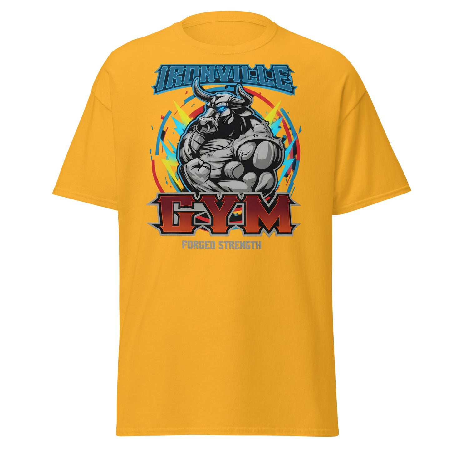 Ironville Gym Forged Strength Bull Power T-Shirt - Gold - T-Shirts Online