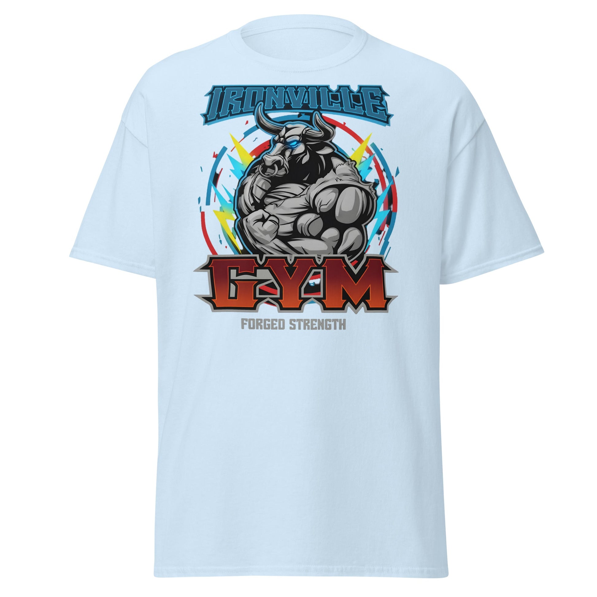 Ironville Gym Forged Strength Bull Power T-Shirt - Light Blue - T-Shirts Online