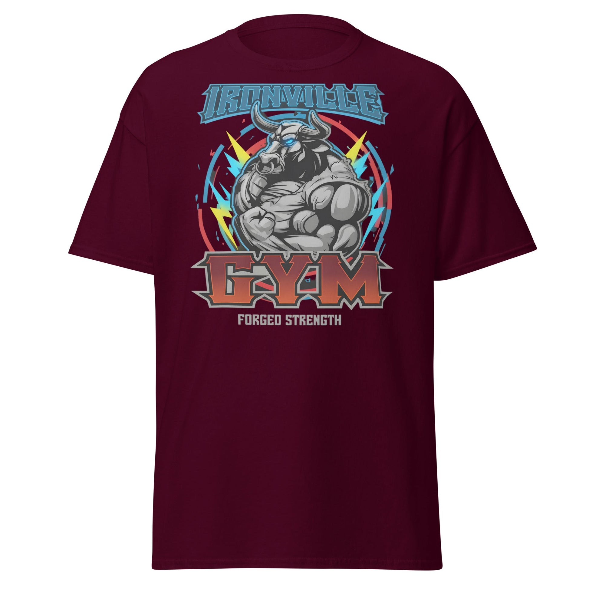 Ironville Gym Forged Strength Bull Power T-Shirt - Maroon - T-Shirts Online