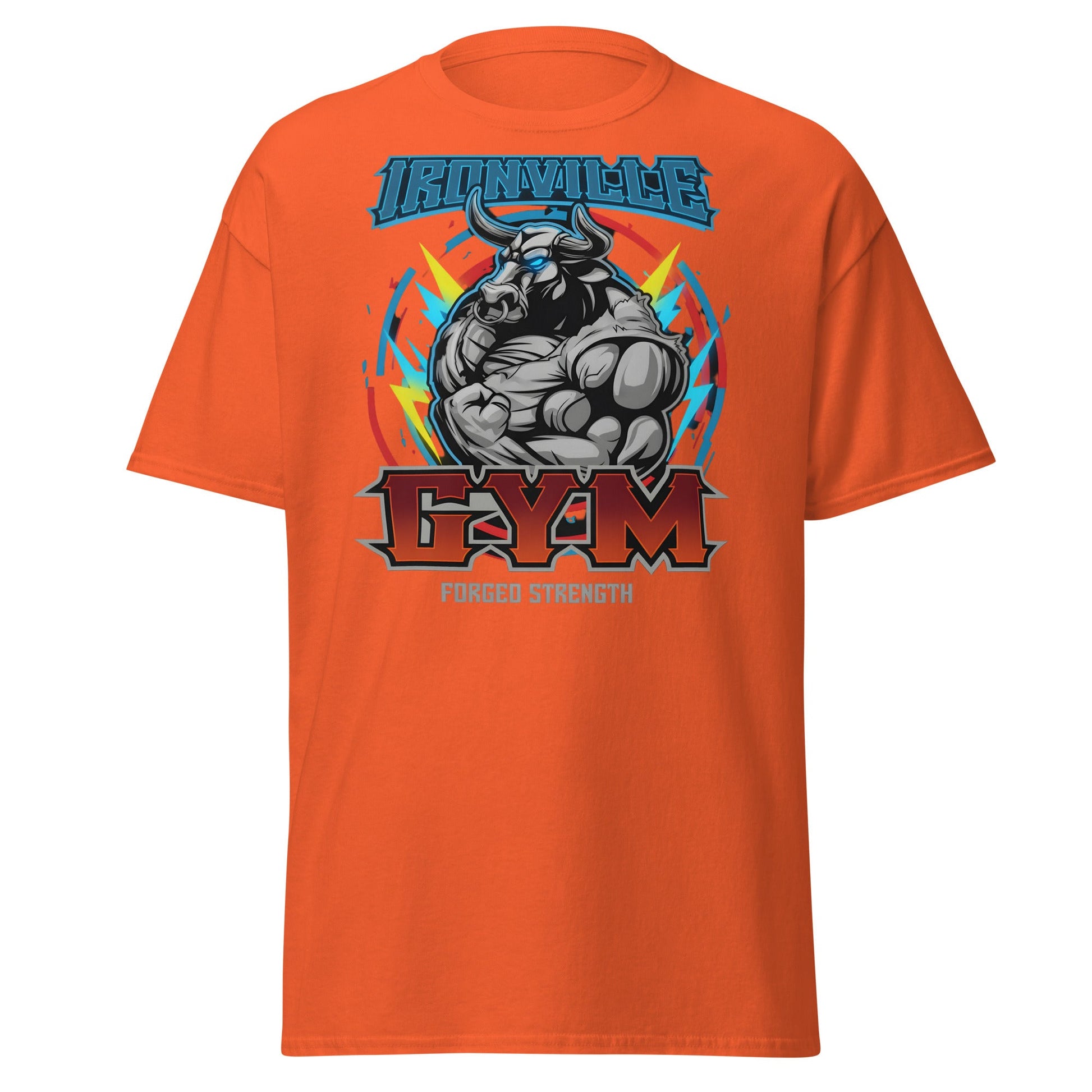 Ironville Gym Forged Strength Bull Power T-Shirt - Orange - T-Shirts Online