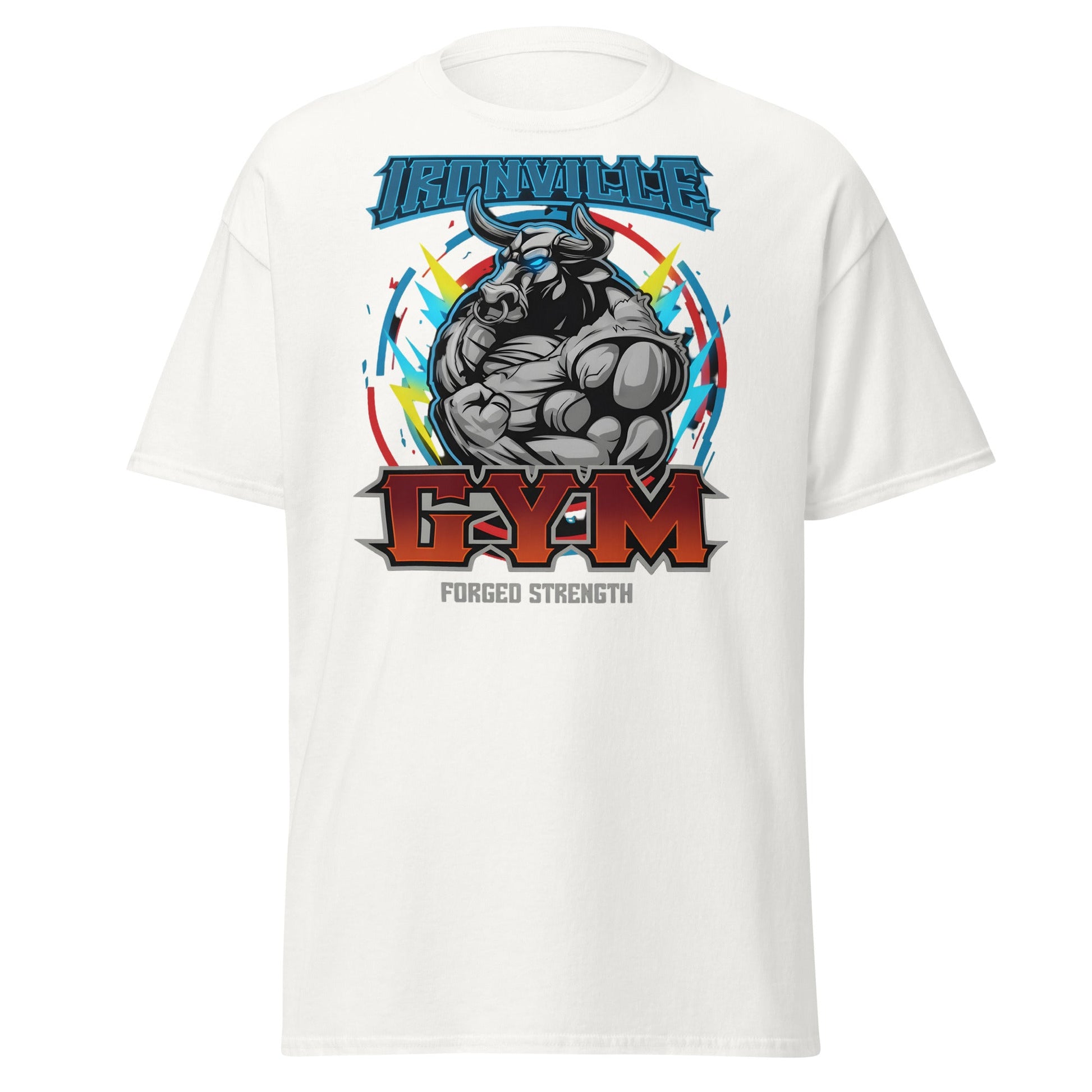 Ironville Gym Forged Strength Bull Power T-Shirt - White - T-Shirts Online