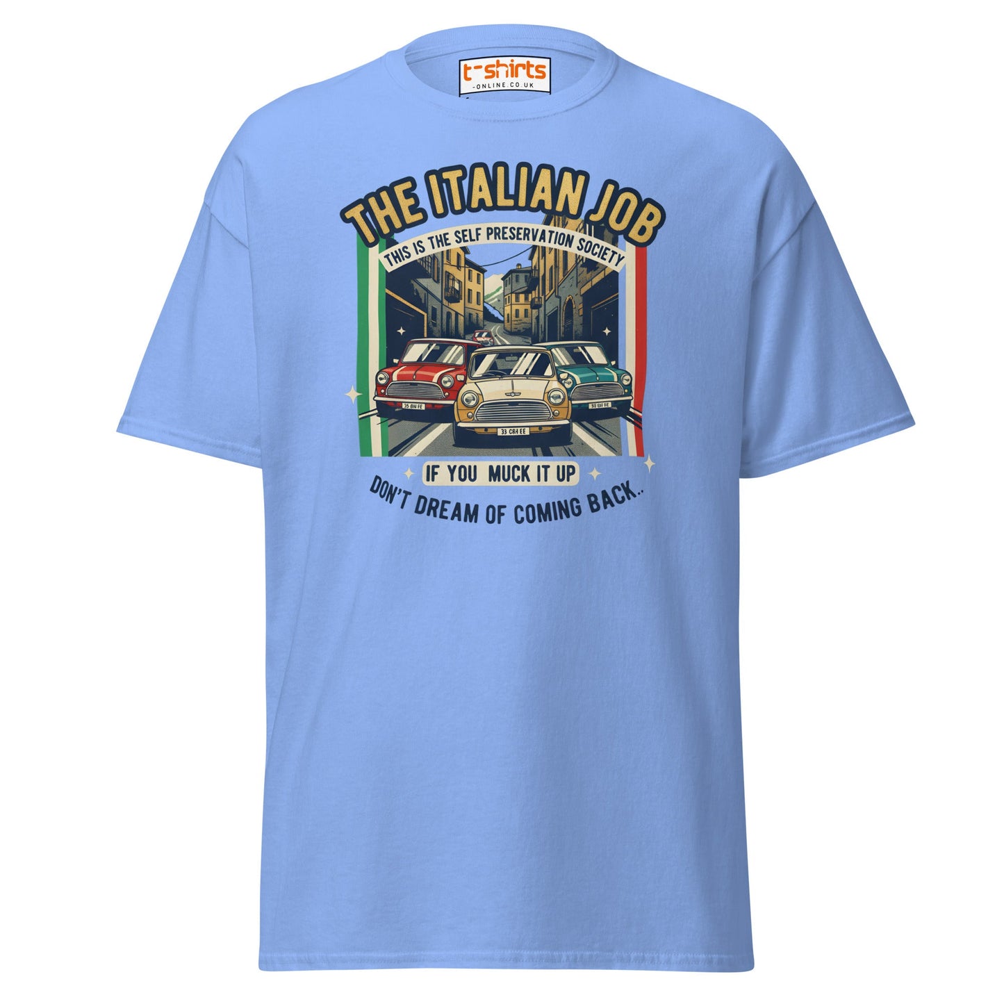 Italian Job T-Shirt | Retro Mini Cooper Car Chase Tee - Carolina Blue - T-Shirts Online
