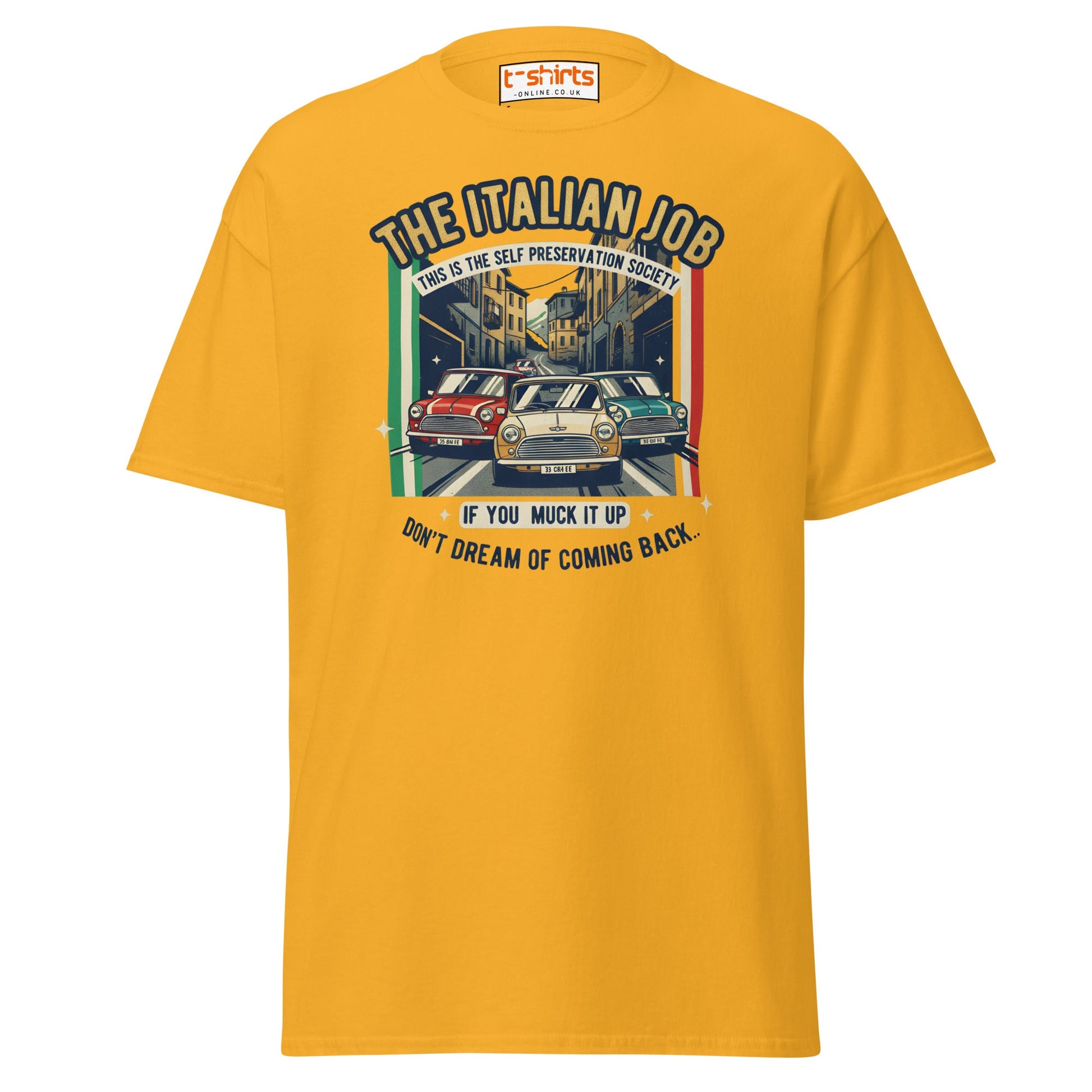 Italian Job T-Shirt | Retro Mini Cooper Car Chase Tee - Gold - T-Shirts Online