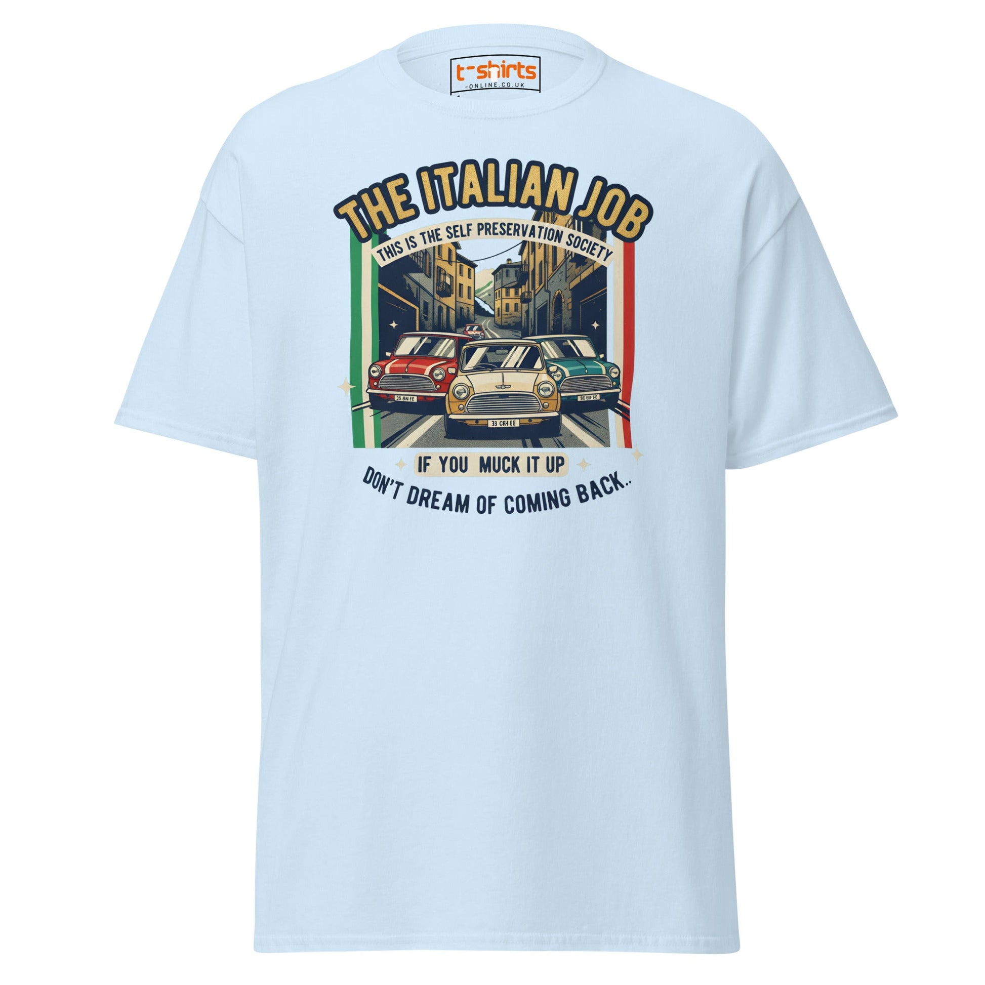 Italian Job T-Shirt | Retro Mini Cooper Car Chase Tee - Light Blue - T-Shirts Online