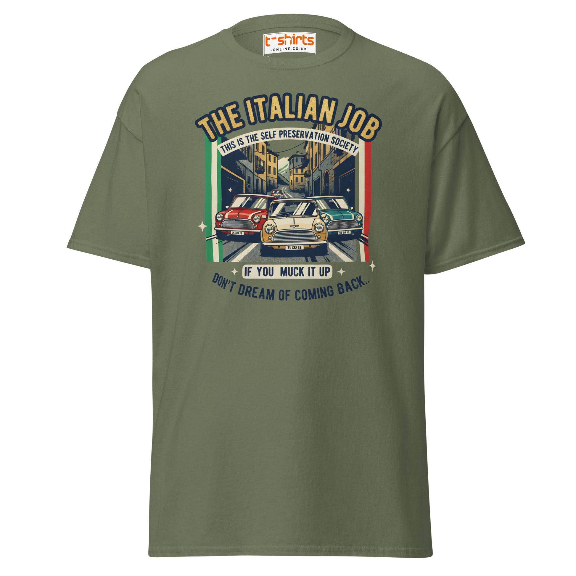 Italian Job T-Shirt | Retro Mini Cooper Car Chase Tee - Military Green - T-Shirts Online
