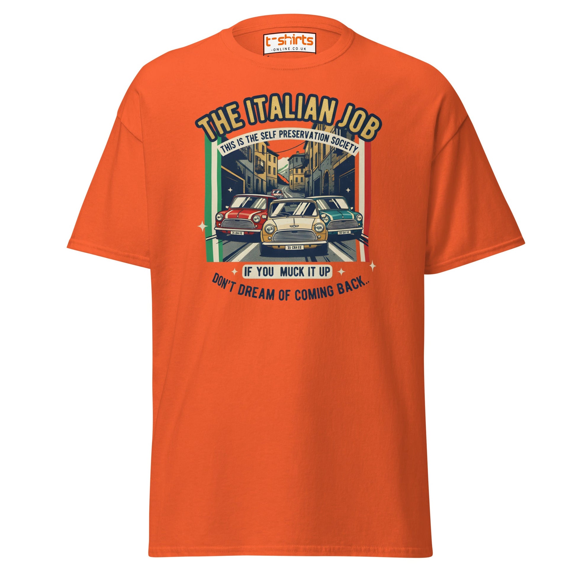 Italian Job T-Shirt | Retro Mini Cooper Car Chase Tee - Orange - T-Shirts Online