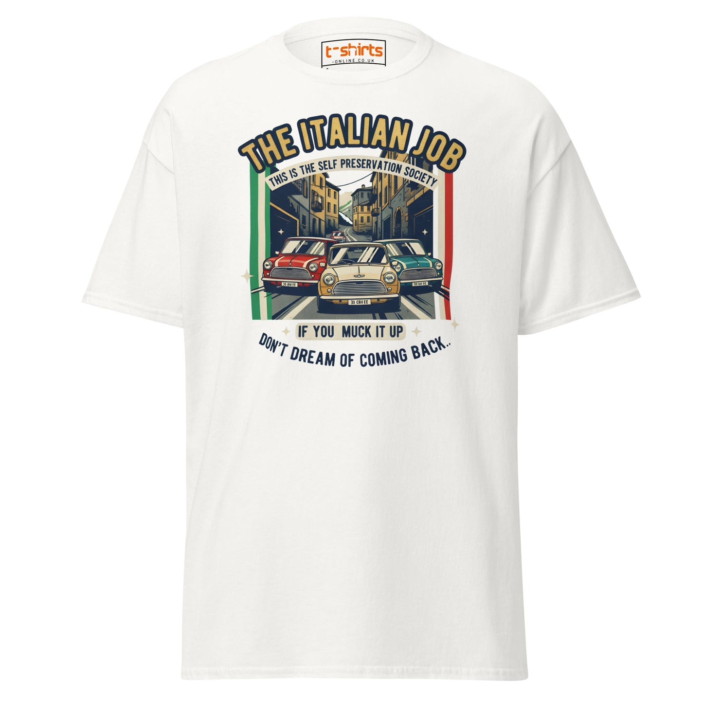 Italian Job T-Shirt | Retro Mini Cooper Car Chase Tee - White - T-Shirts Online
