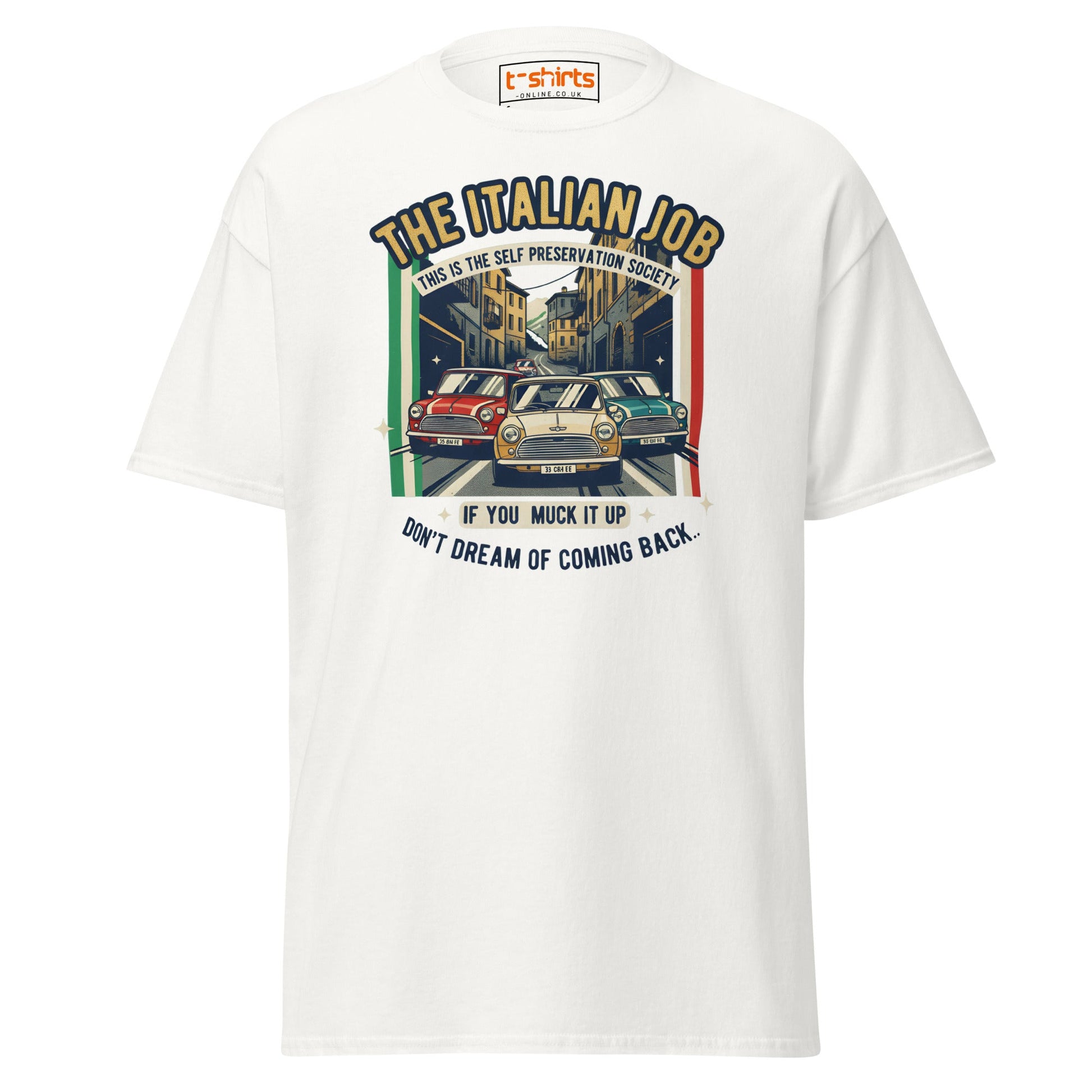 Italian Job T-Shirt | Retro Mini Cooper Car Chase Tee - White - T-Shirts Online