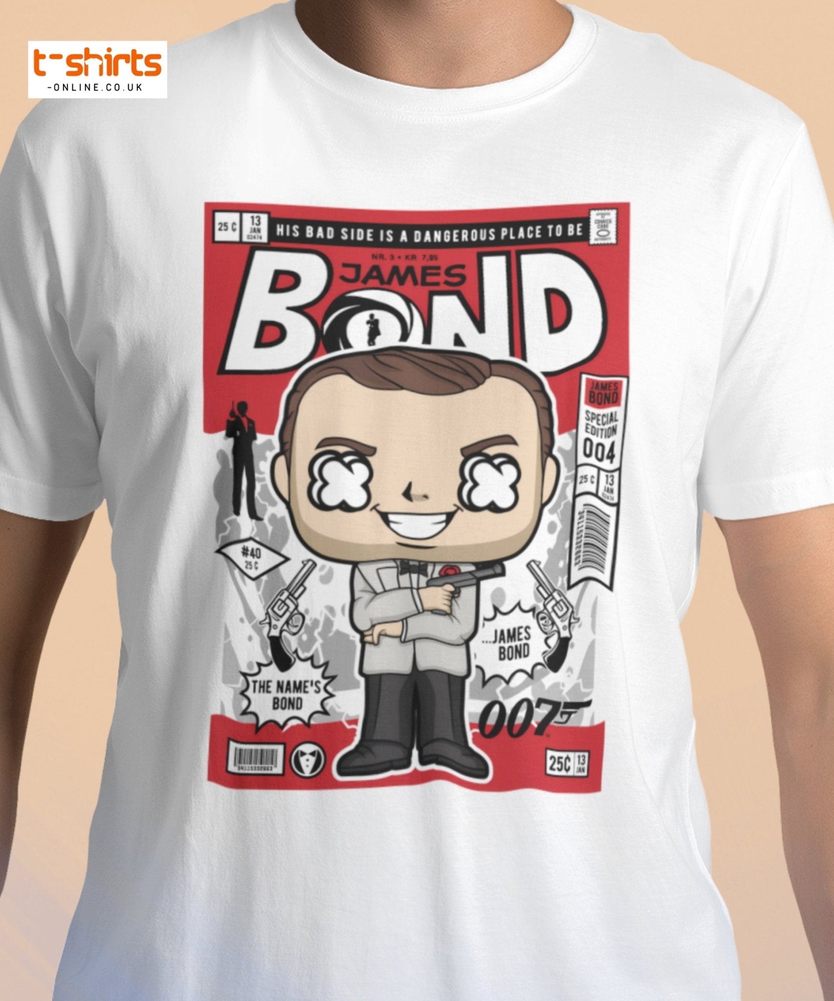 “White T-shirt featuring a Funko-style cartoon figure of Davy Jones  with exaggerated round head and stylized tentacles