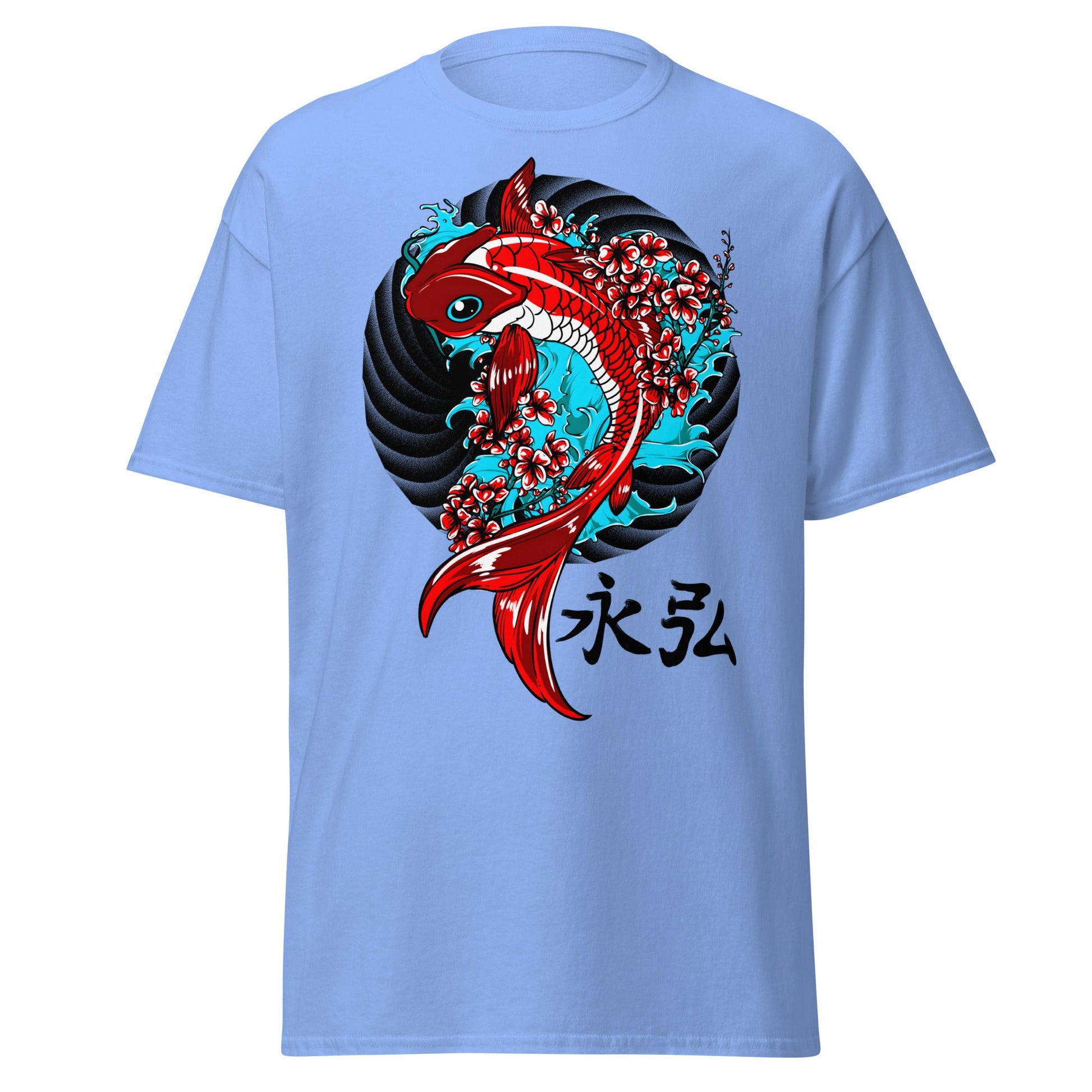 Japanese Koi Fish & Cherry Blossom T-Shirt - Carolina Blue - T-Shirts Online