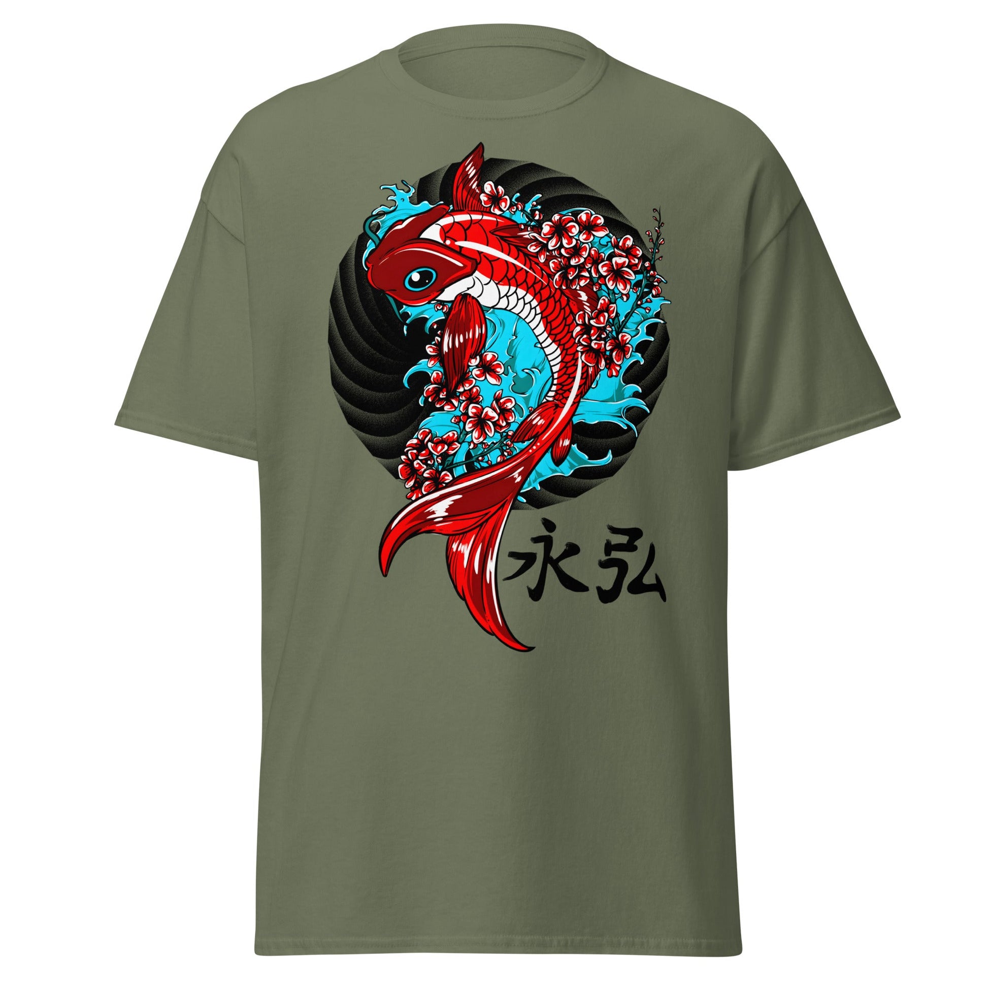 Japanese Koi Fish & Cherry Blossom T-Shirt - Military Green - T-Shirts Online