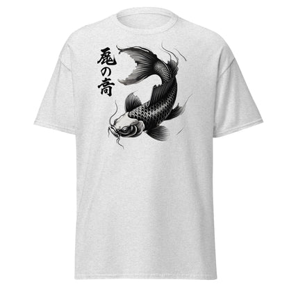 Japanese Koi Fish T-Shirt - Monochrome Zen Streetwear Tee - Ash - T-Shirts Online