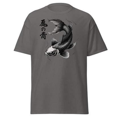 Japanese Koi Fish T-Shirt - Monochrome Zen Streetwear Tee - Charcoal - T-Shirts Online