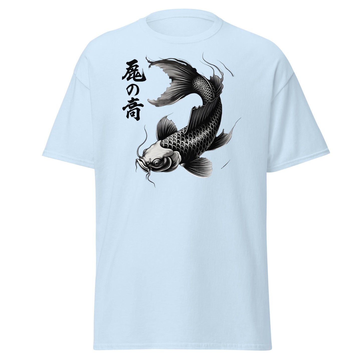 Japanese Koi Fish T-Shirt - Monochrome Zen Streetwear Tee - Light Blue - T-Shirts Online