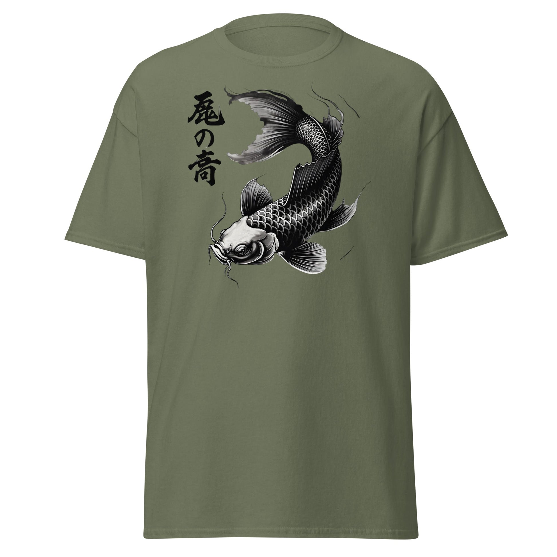 Japanese Koi Fish T-Shirt - Monochrome Zen Streetwear Tee - Military Green - T-Shirts Online