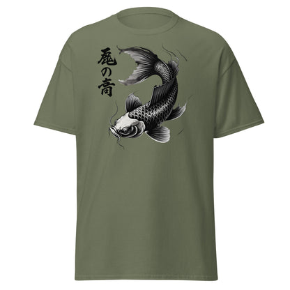 Japanese Koi Fish T-Shirt - Monochrome Zen Streetwear Tee - Military Green - T-Shirts Online
