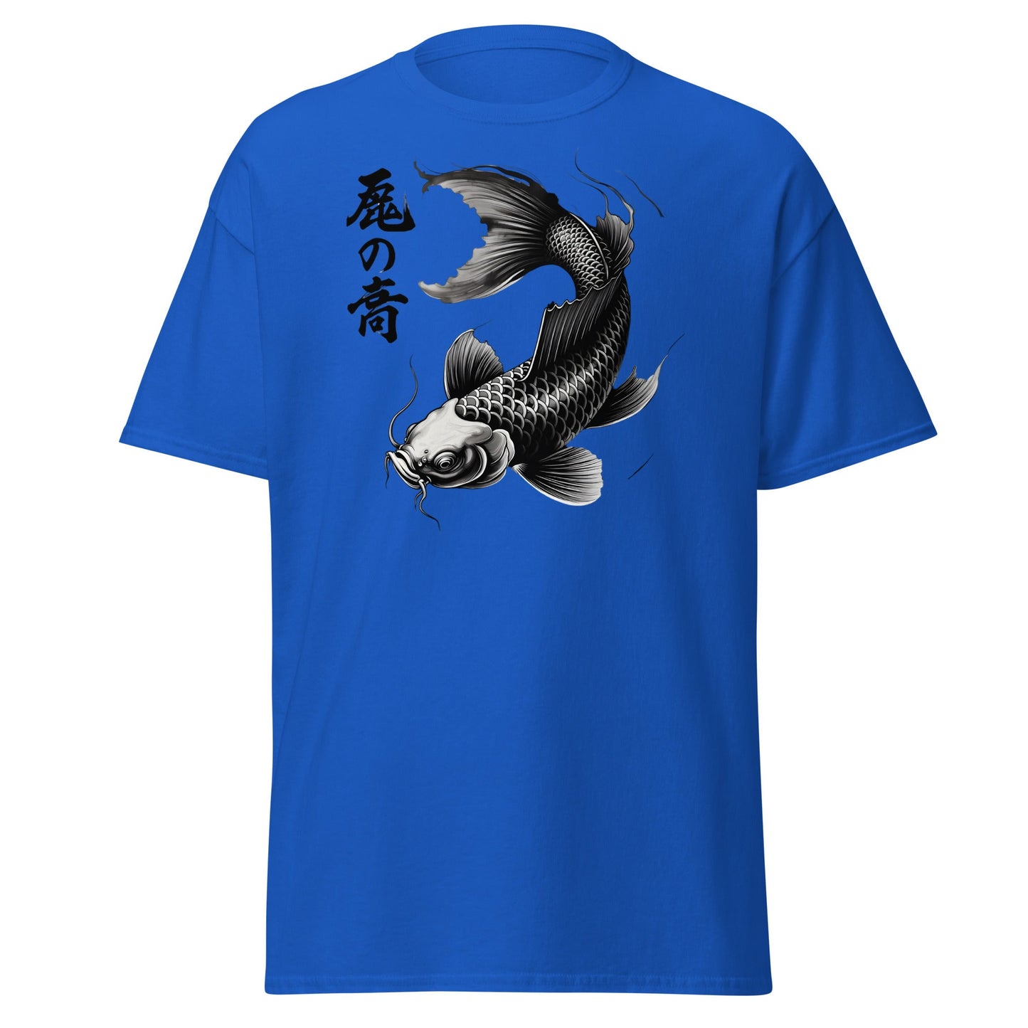 Japanese Koi Fish T-Shirt - Monochrome Zen Streetwear Tee - Royal - T-Shirts Online