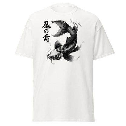 Japanese Koi Fish T-Shirt - Monochrome Zen Streetwear Tee - White - T-Shirts Online