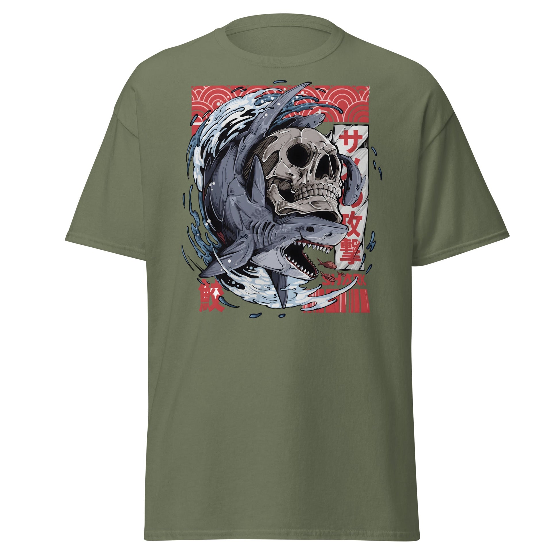 Japanese Shark Skull Tattoo Art T-Shirt - Military Green - T-Shirts Online