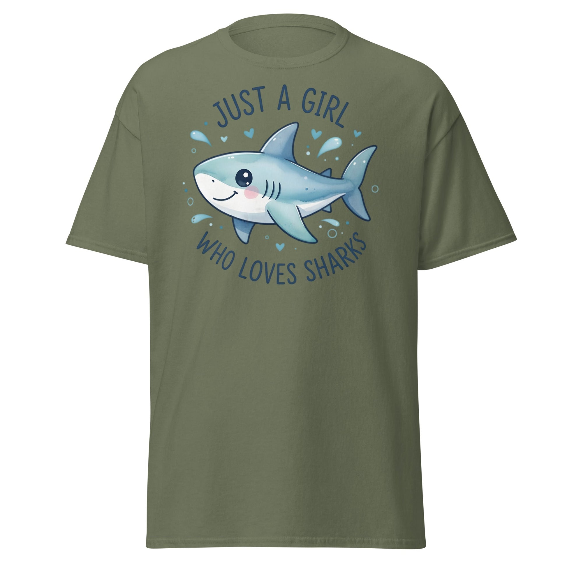 Just a Girl Who Loves Sharks T-Shirt | Cute Shark Tee - Military Green - T-Shirts Online