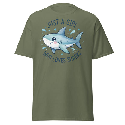 Just a Girl Who Loves Sharks T-Shirt | Cute Shark Tee - Military Green - T-Shirts Online