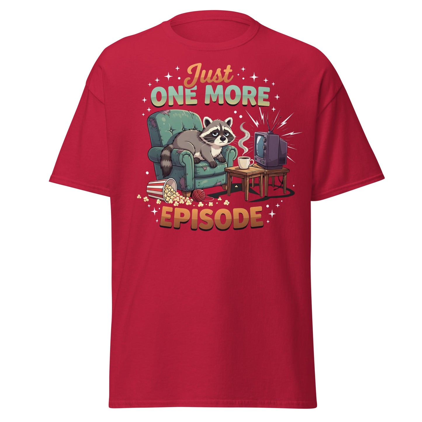 Just One More Episode Raccoon T-Shirt – Funny Binge Watch Tee - Cardinal - T-Shirts Online