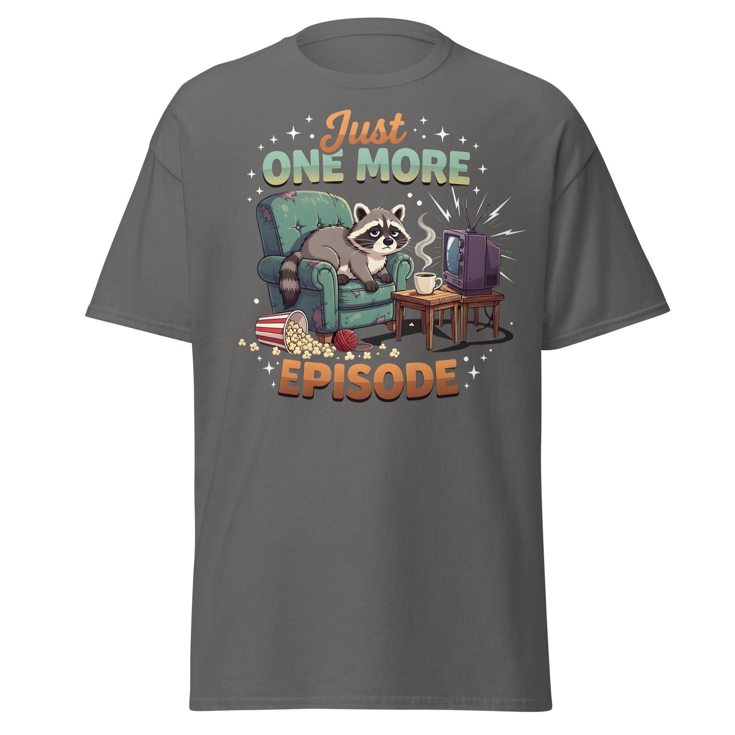 Just One More Episode Raccoon T-Shirt – Funny Binge Watch Tee - Charcoal - T-Shirts Online