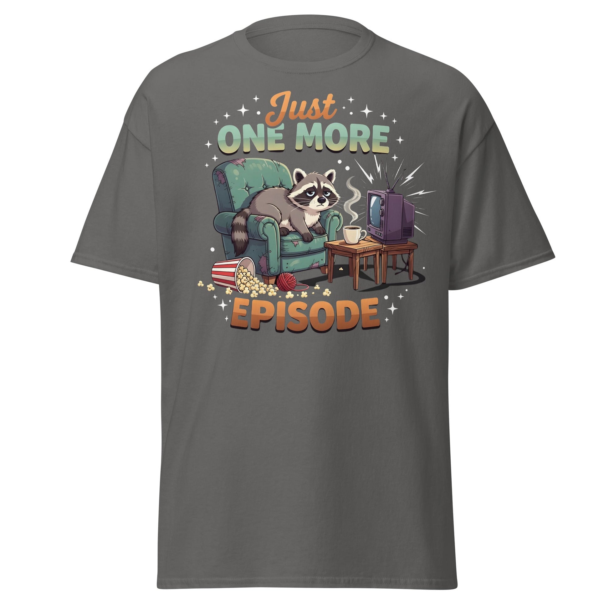 Just One More Episode Raccoon T-Shirt – Funny Binge Watch Tee - Charcoal - T-Shirts Online