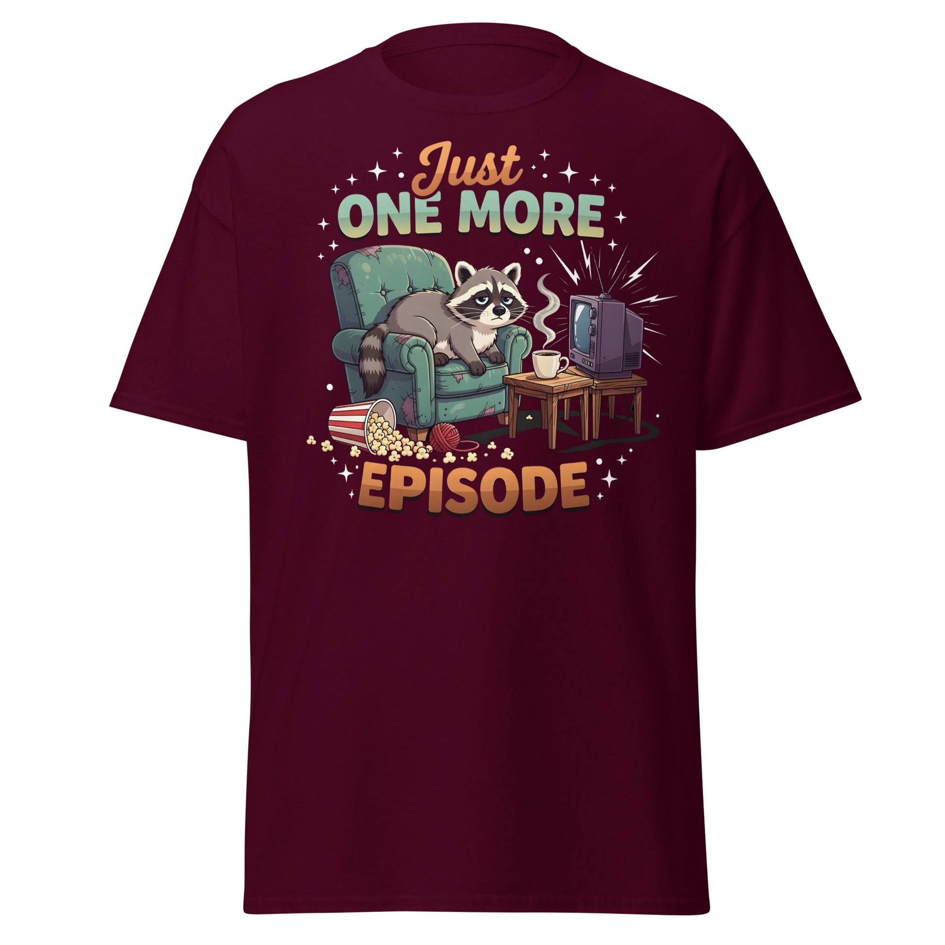 Just One More Episode Raccoon T-Shirt – Funny Binge Watch Tee - Maroon - T-Shirts Online