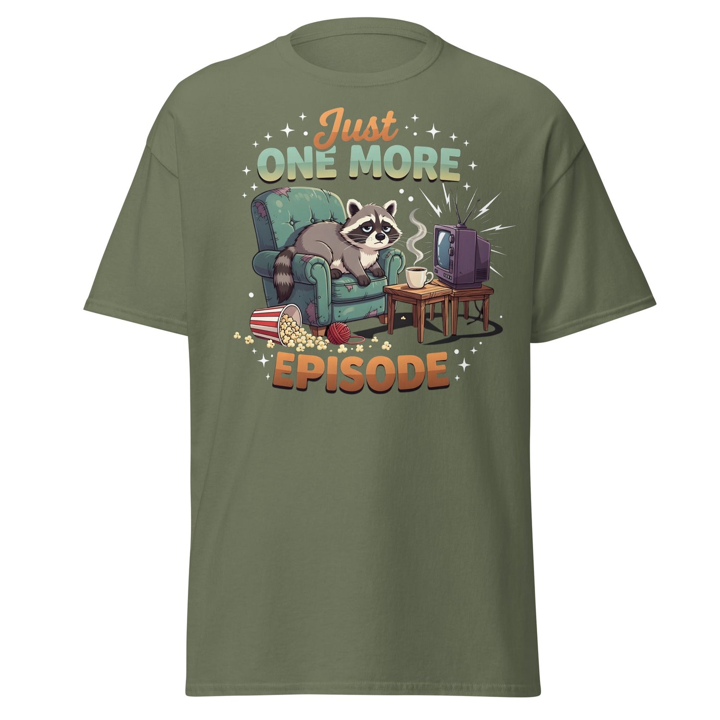 Just One More Episode Raccoon T-Shirt – Funny Binge Watch Tee - Military Green - T-Shirts Online