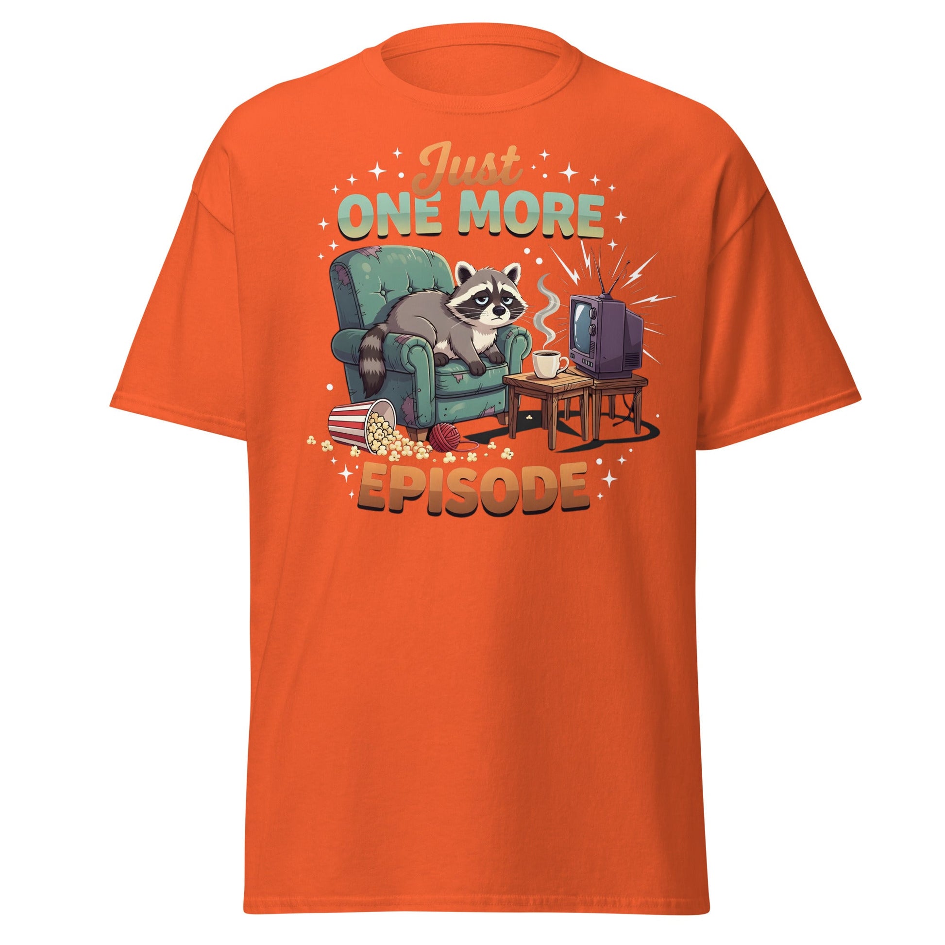 Just One More Episode Raccoon T-Shirt – Funny Binge Watch Tee - Orange - T-Shirts Online
