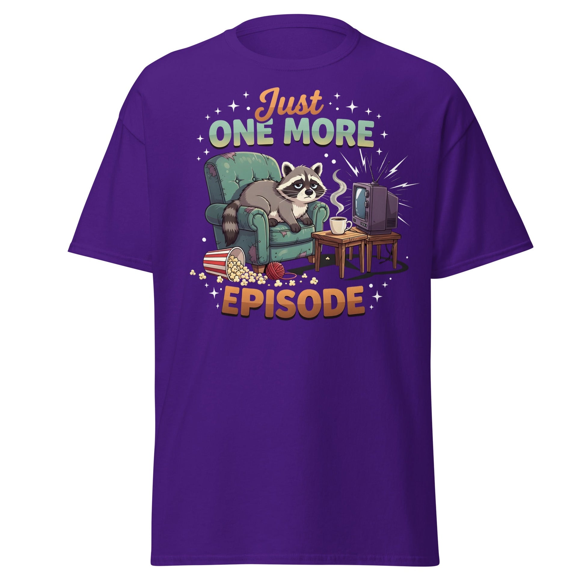 Just One More Episode Raccoon T-Shirt – Funny Binge Watch Tee - Purple - T-Shirts Online