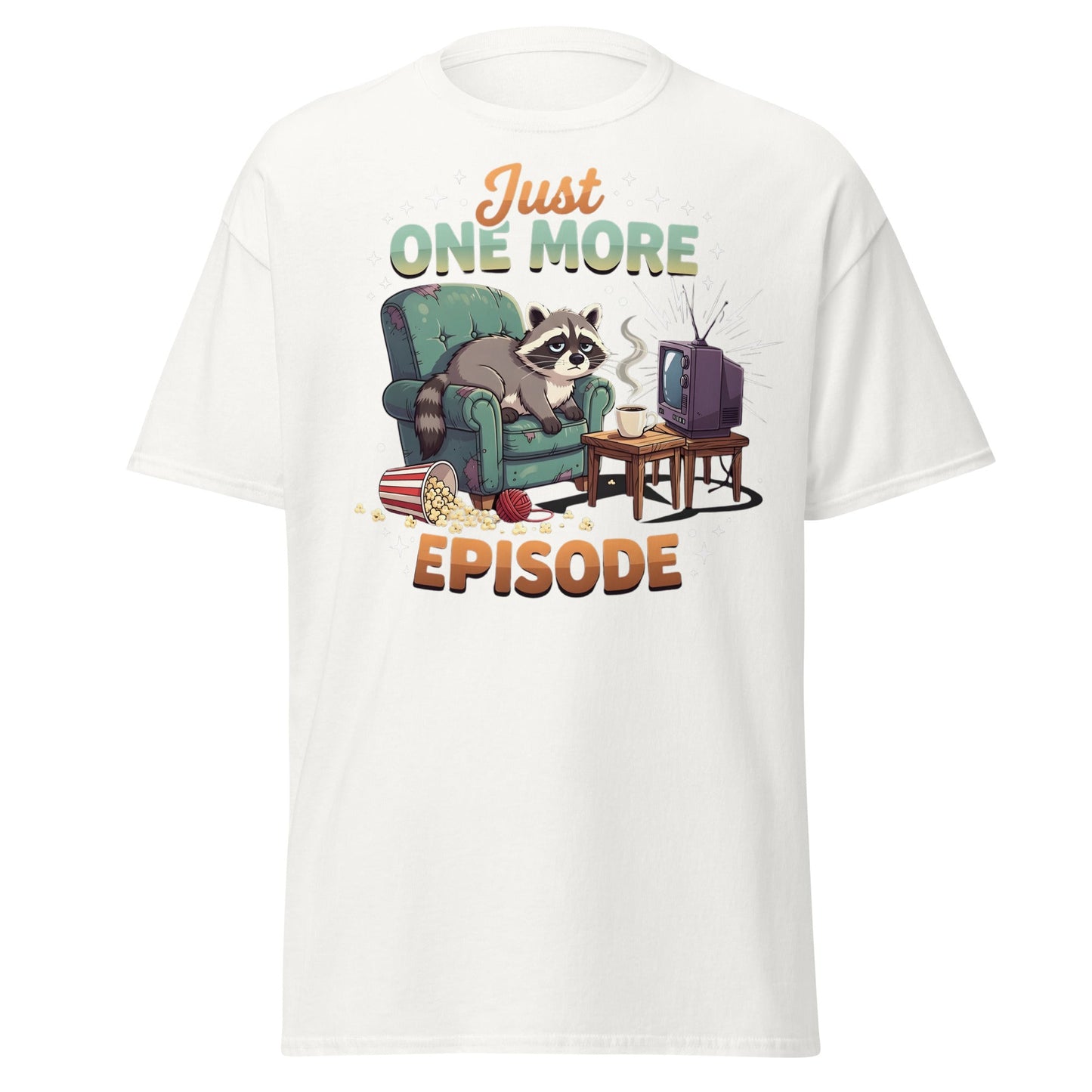 Just One More Episode Raccoon T-Shirt – Funny Binge Watch Tee - White - T-Shirts Online