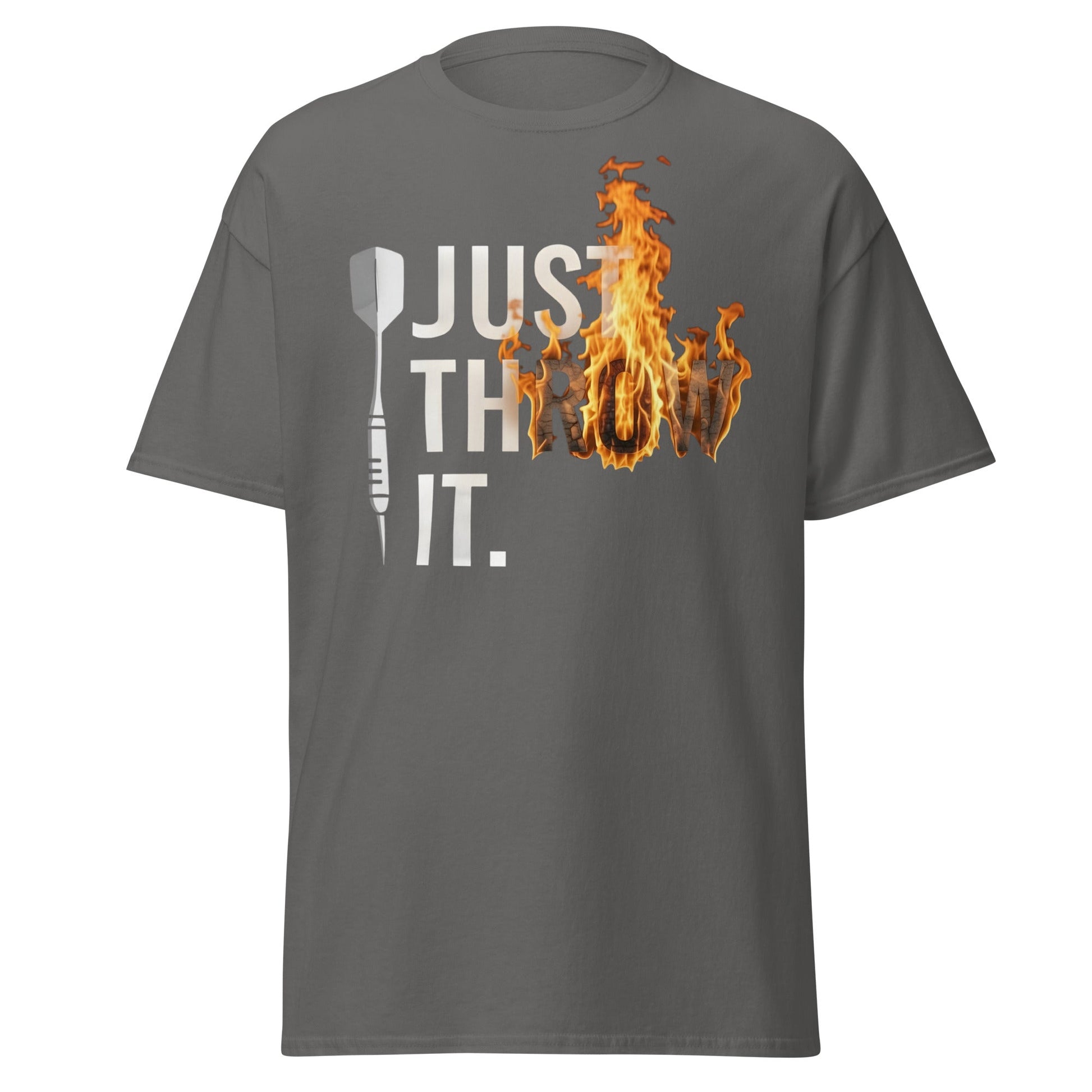 Just Throw It Darts T-Shirt - Flaming Graphic Dart Player Tee - Charcoal - T-Shirts Online