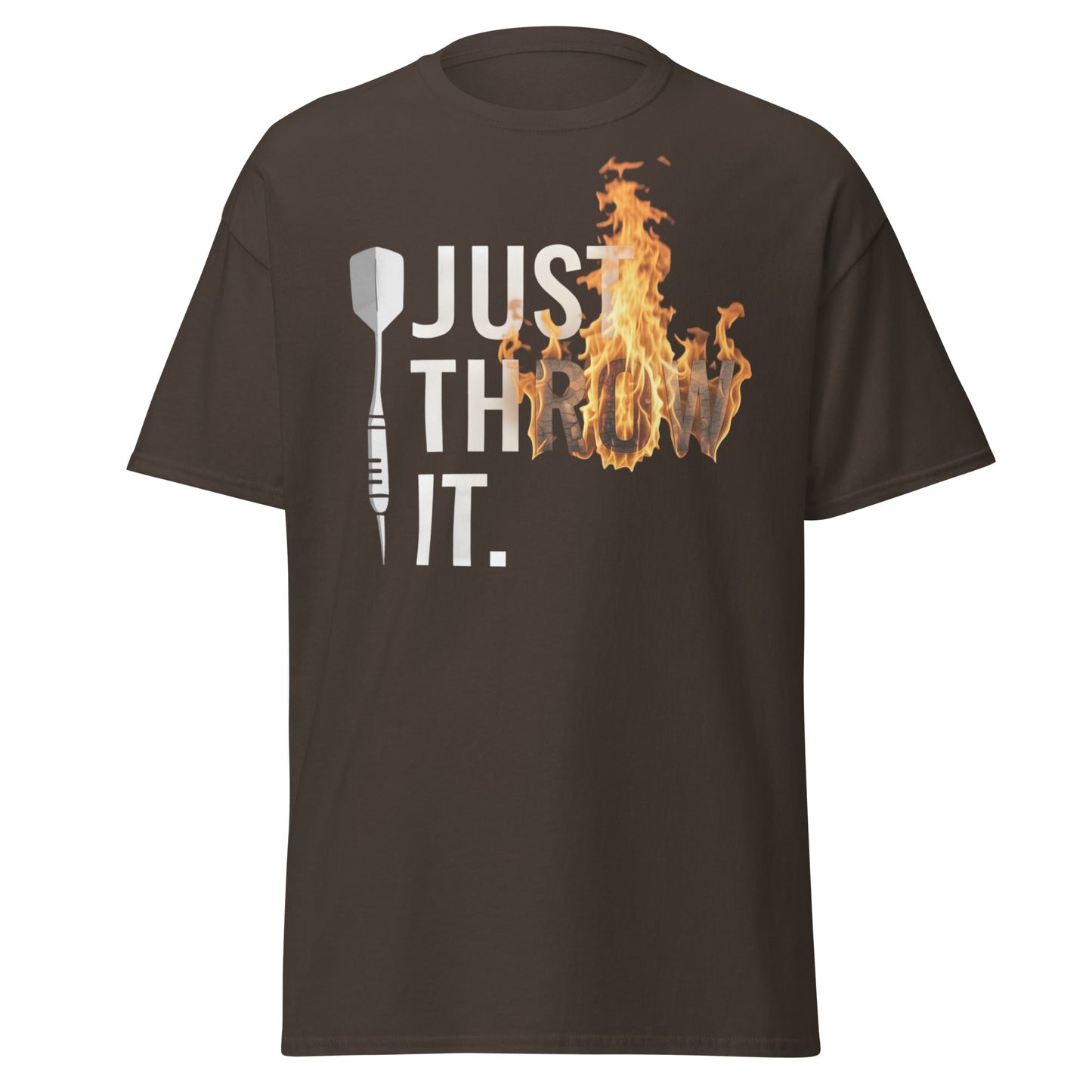 Just Throw It Darts T-Shirt - Flaming Graphic Dart Player Tee - Dark Chocolate - T-Shirts Online
