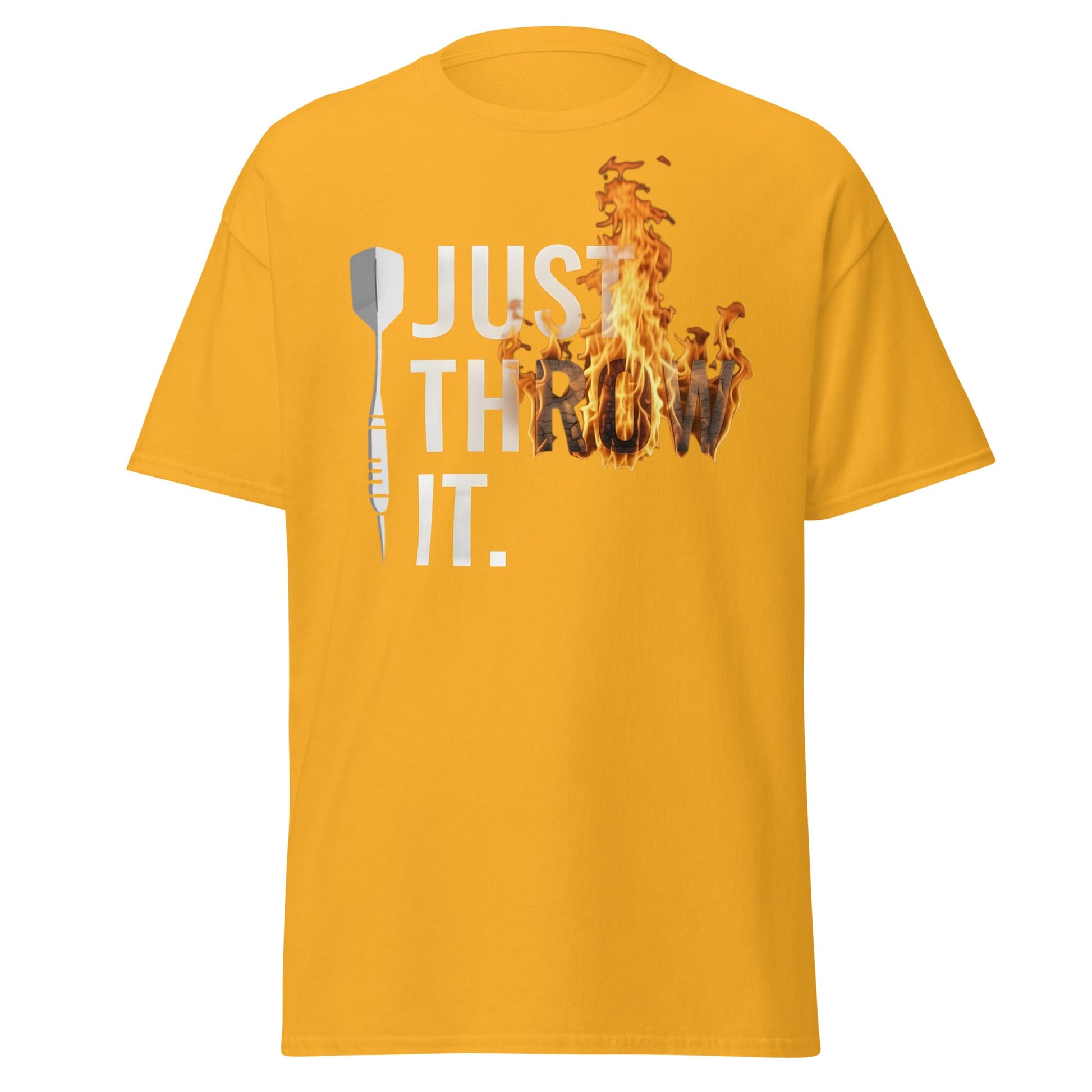 Just Throw It Darts T-Shirt - Flaming Graphic Dart Player Tee - Gold - T-Shirts Online