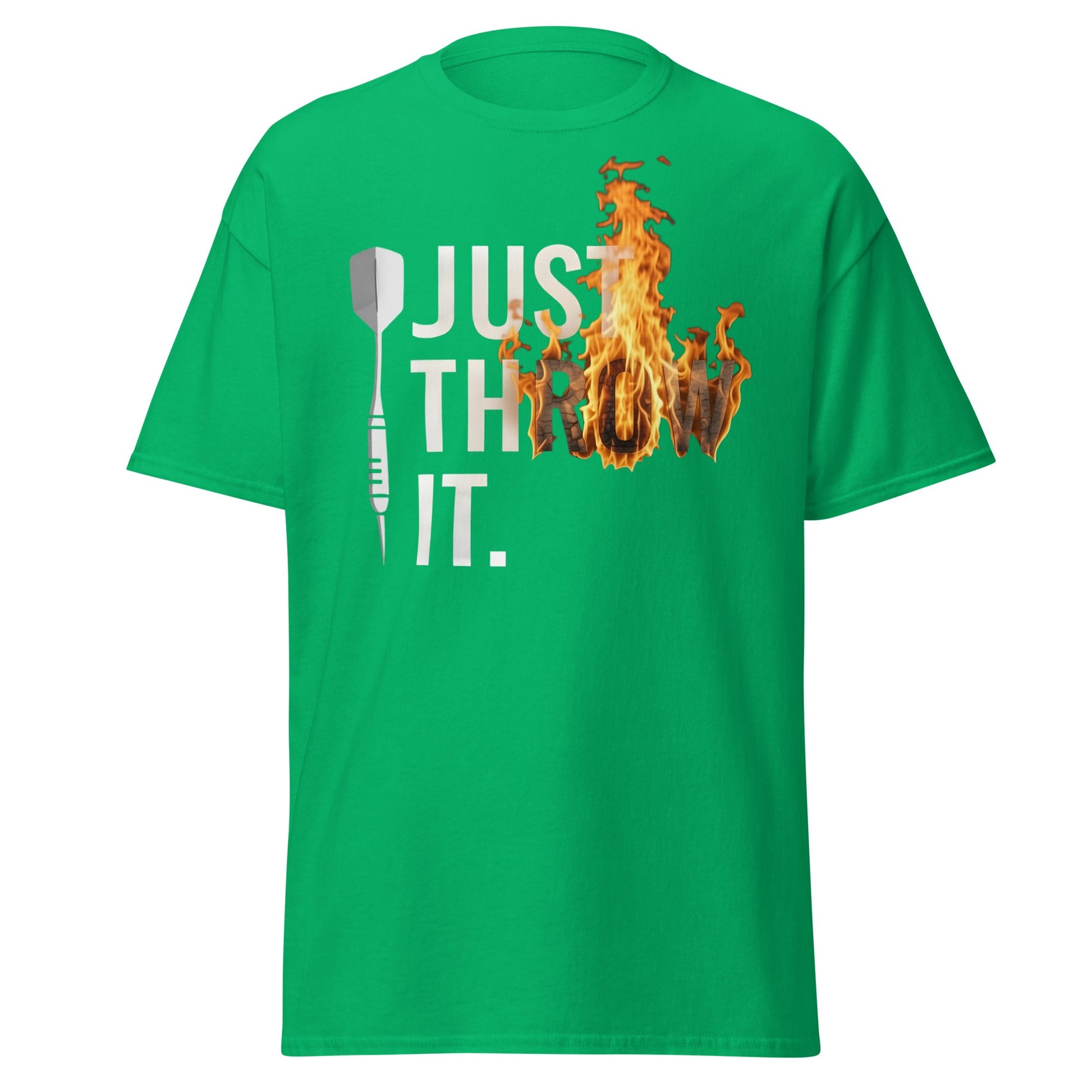 Just Throw It Darts T-Shirt - Flaming Graphic Dart Player Tee - Irish Green - T-Shirts Online