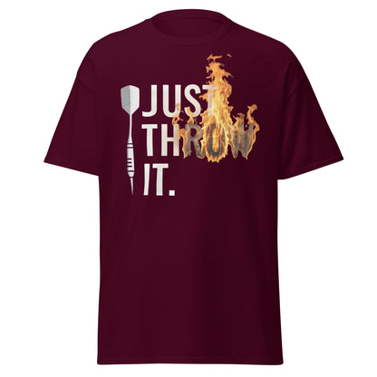 Just Throw It Darts T-Shirt - Flaming Graphic Dart Player Tee - Maroon - T-Shirts Online