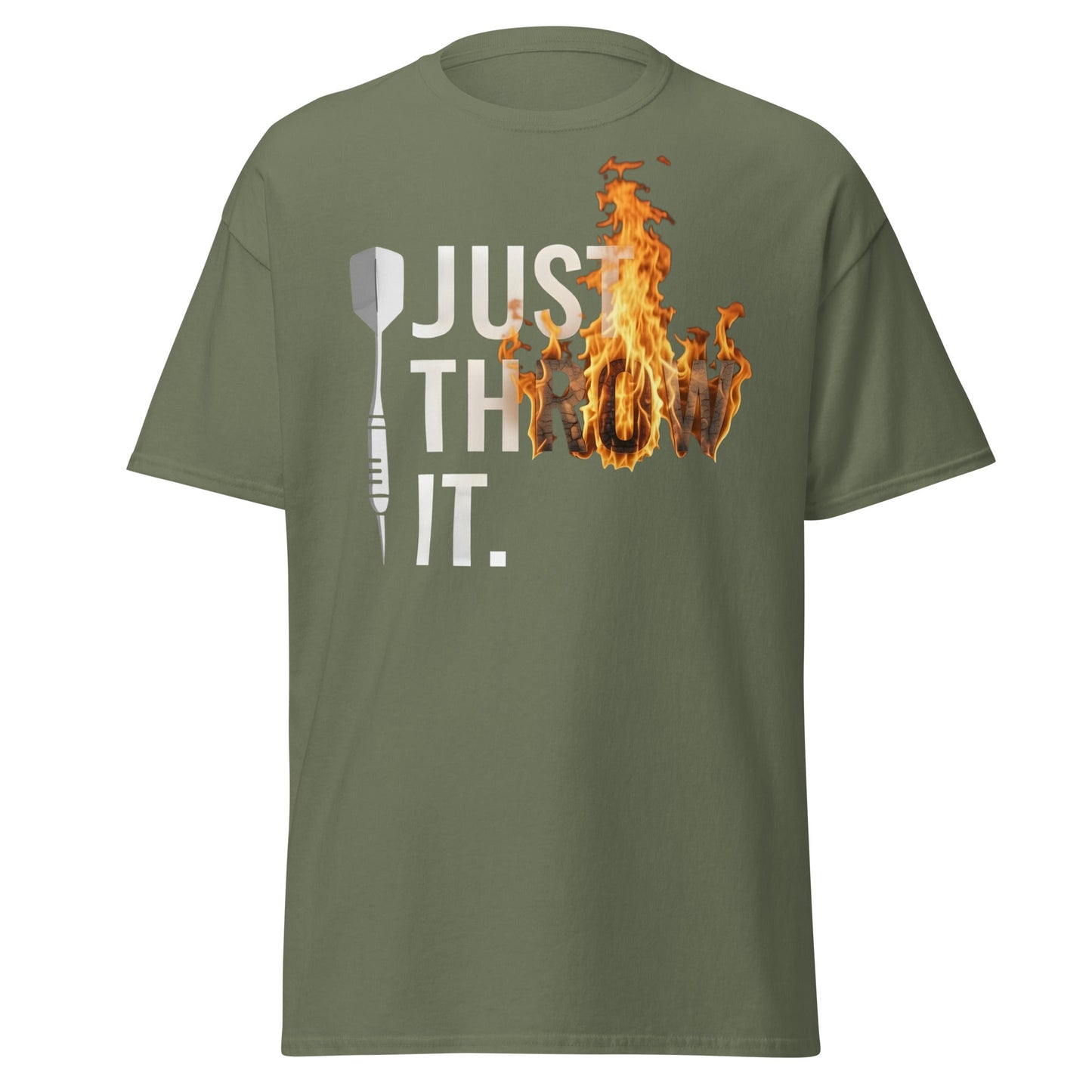 Just Throw It Darts T-Shirt - Flaming Graphic Dart Player Tee - Military Green - T-Shirts Online