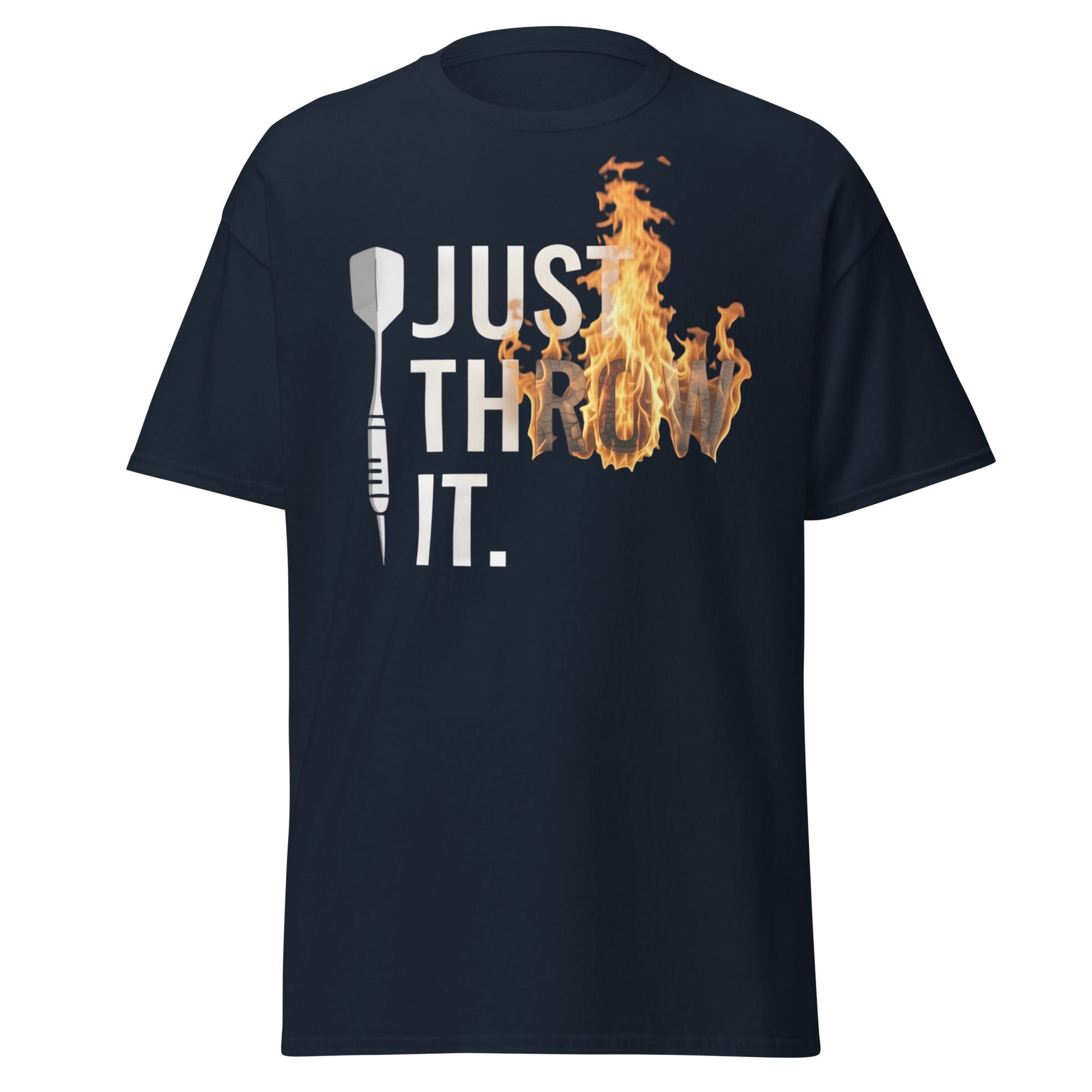 Just Throw It Darts T-Shirt - Flaming Graphic Dart Player Tee - Navy - T-Shirts Online