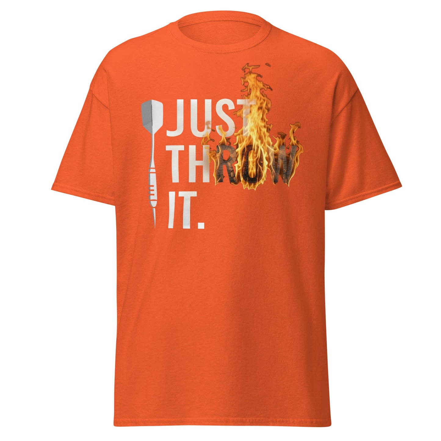 Just Throw It Darts T-Shirt - Flaming Graphic Dart Player Tee - Orange - T-Shirts Online