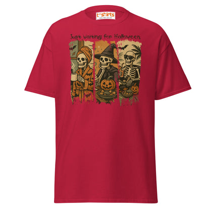 Just Waiting for Halloween Skeleton T-Shirt - Cardinal - T-Shirts Online