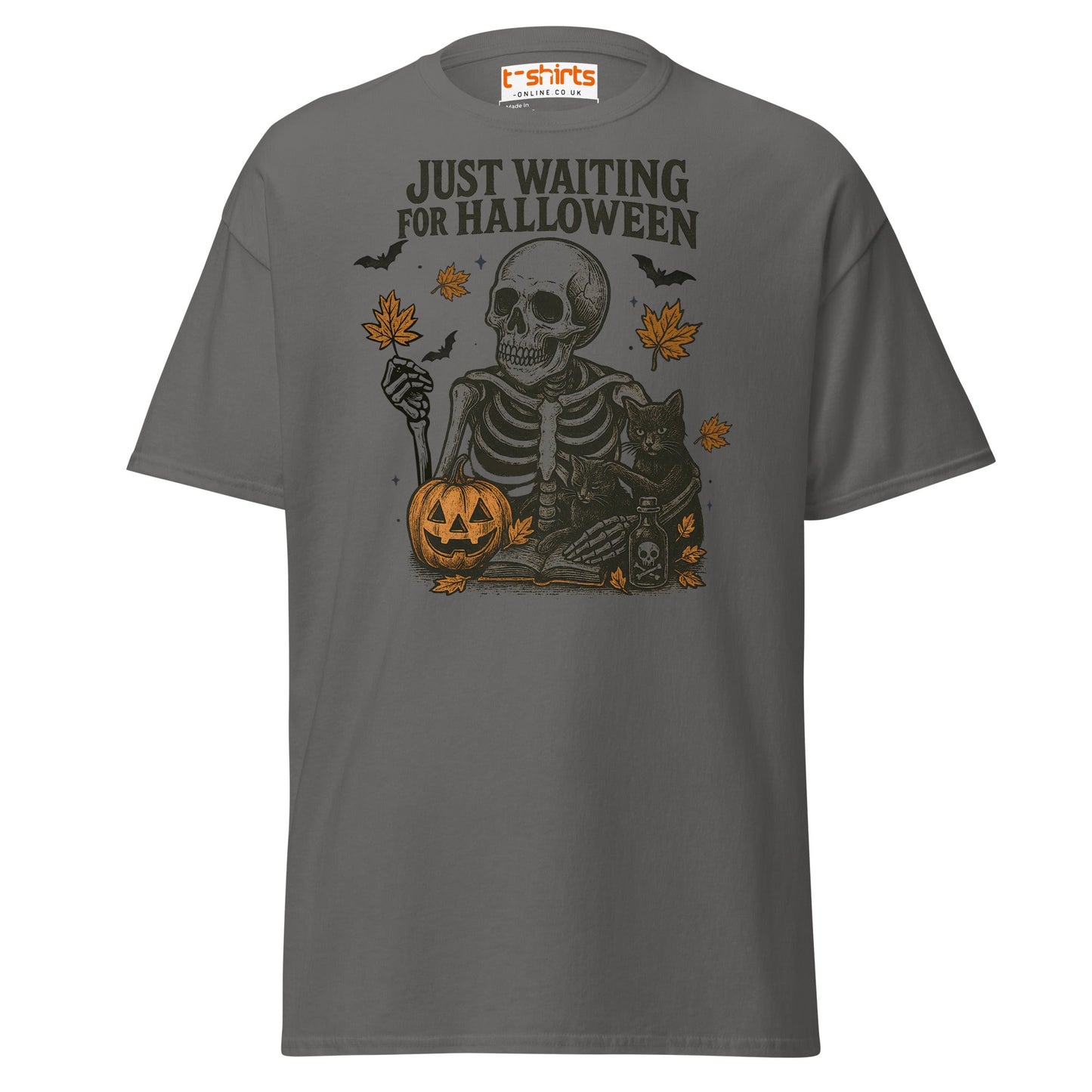 Just Waiting for Halloween Skeleton T-Shirt - Charcoal - T-Shirts Online