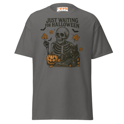 Just Waiting for Halloween Skeleton T-Shirt - Charcoal - T-Shirts Online