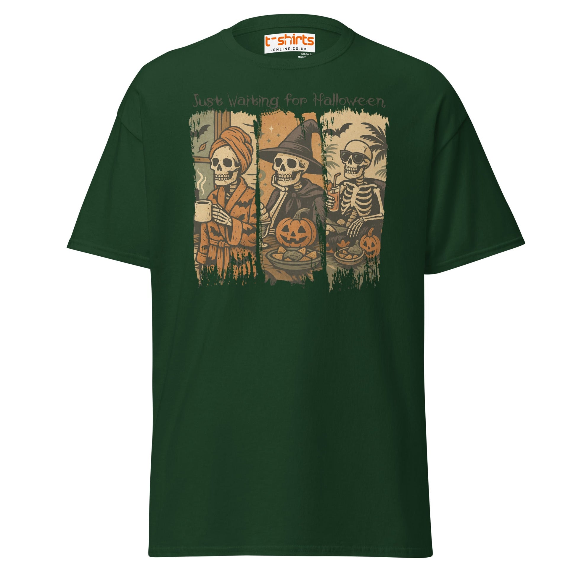 Just Waiting for Halloween Skeleton T-Shirt - Forest Green - T-Shirts Online