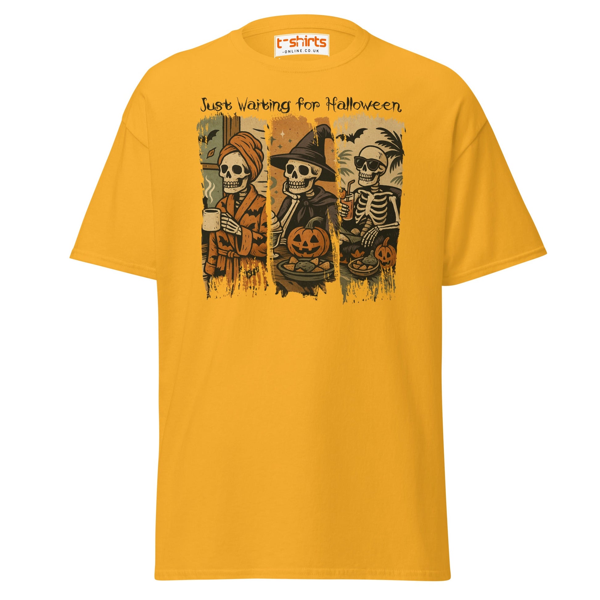 Just Waiting for Halloween Skeleton T-Shirt - Gold - T-Shirts Online
