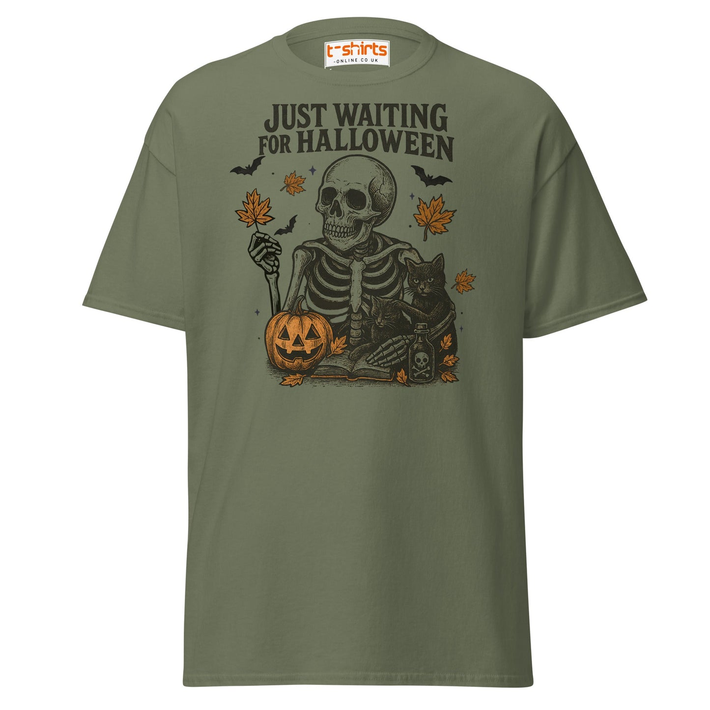 Just Waiting for Halloween Skeleton T-Shirt - Military Green - T-Shirts Online