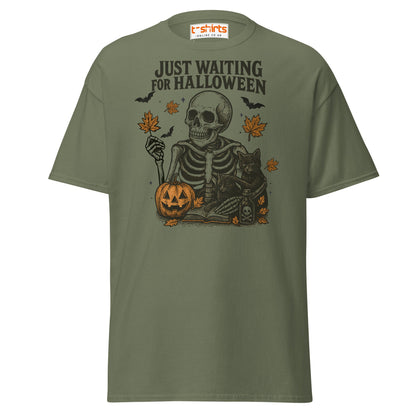 Just Waiting for Halloween Skeleton T-Shirt - Military Green - T-Shirts Online