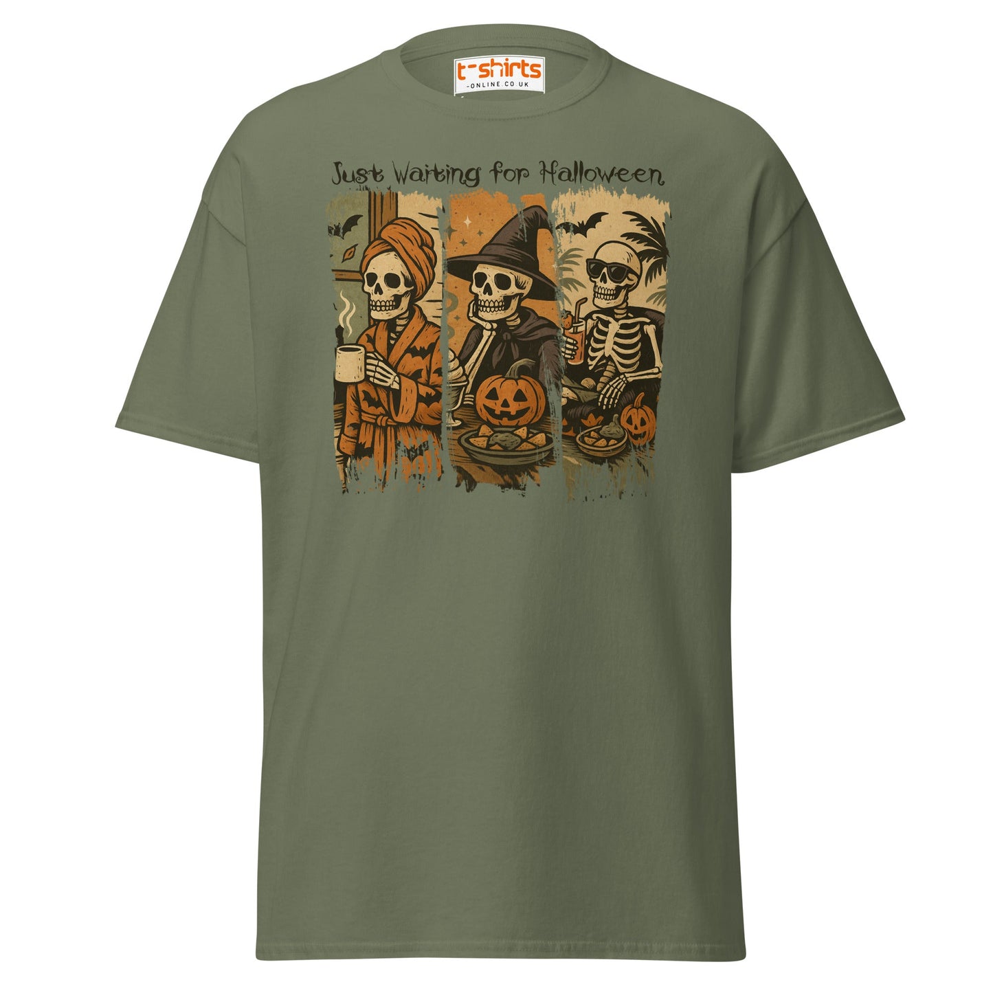 Just Waiting for Halloween Skeleton T-Shirt - Military Green - T-Shirts Online